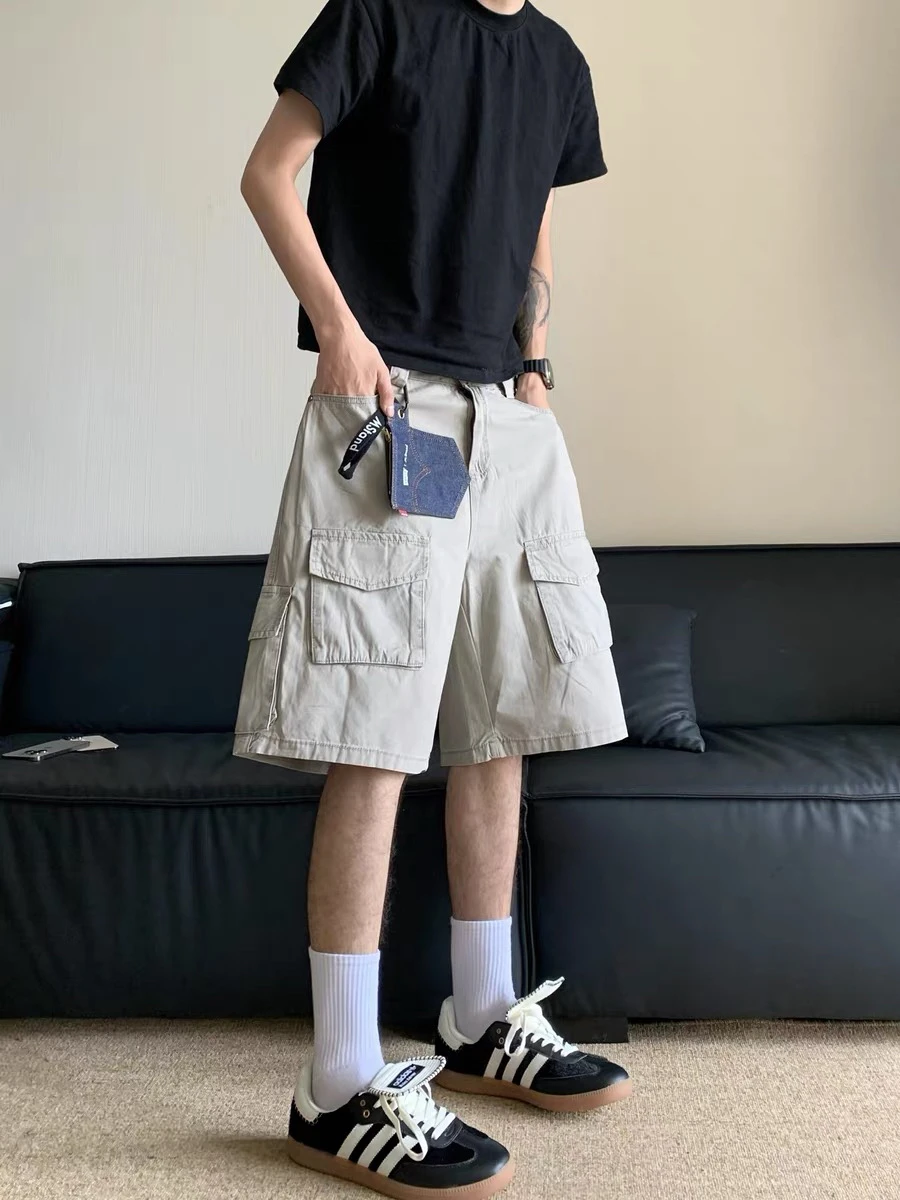 

American Retro Waed Five ket Workwear orts Men Summer Casual Loose Straight Leg Versatile Japanese Sle orts