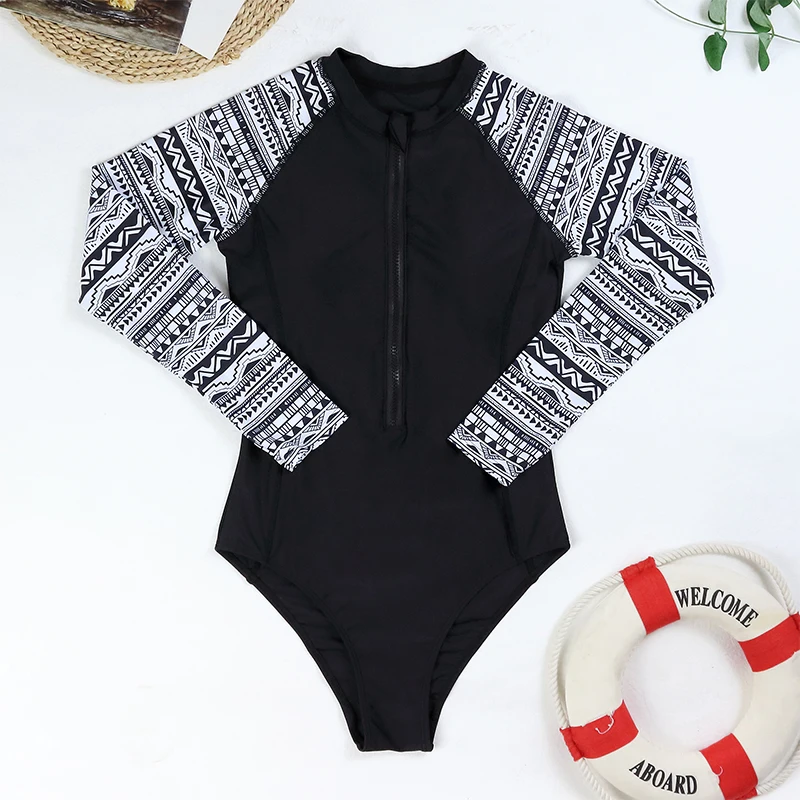 ملابس سباحة نسائية مطبوعة من CPUTAN ، طقم بيكيني ، ملابس سباحة قطعة واحدة ، رياضة طويلة الأكمام ، بدلة سباحة لركوب الأمواج ، ملابس بحر ، سوداء كلاسيكية
