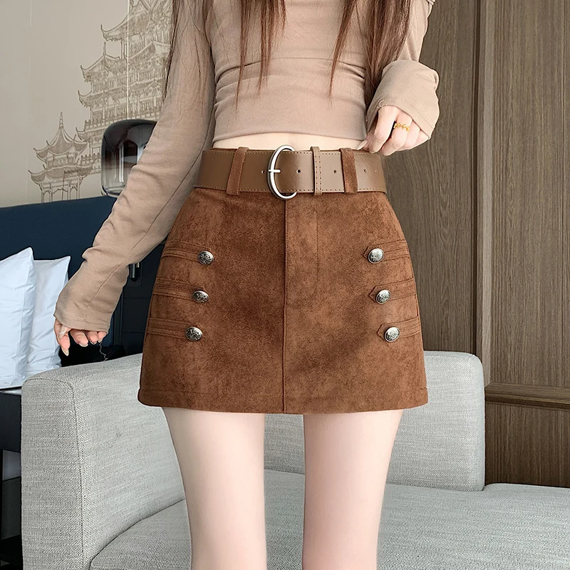 2026 New Retro Faux Suede Skort for Women Fall Winter Double-Breasted Metal Button Mini Skirt Anti-Exposure with Belt