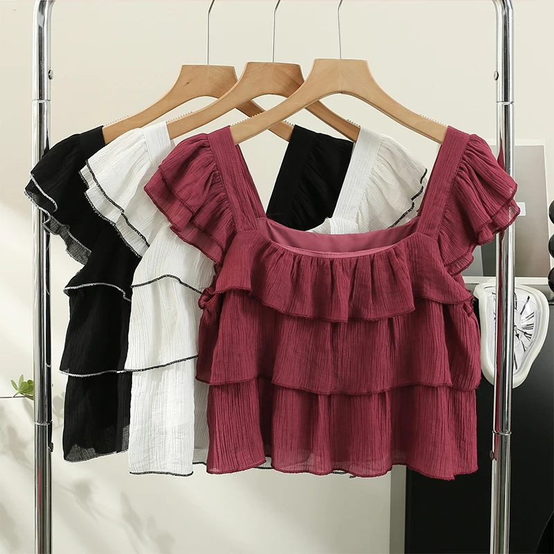 

Rin Confa Summer Korean Fashion Sweet Ruffled Shirt Was Feminine With Square Collar Small Flying Sleeves Short All-Match Top Wom