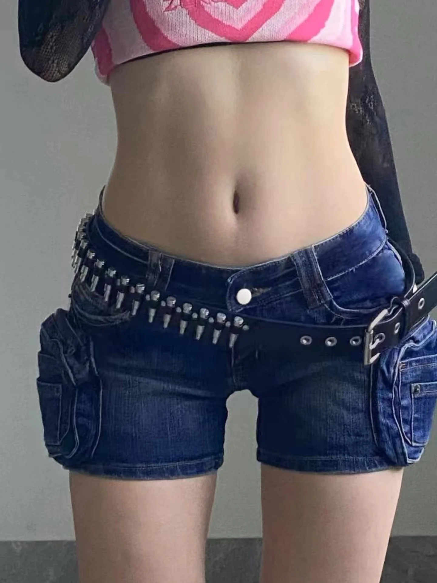 Sexy Y2K Short Denim Pocket Pants Low Waist Slimming High Leg Women's Fashion Summer Jeans Casual Straight Leg Trousers