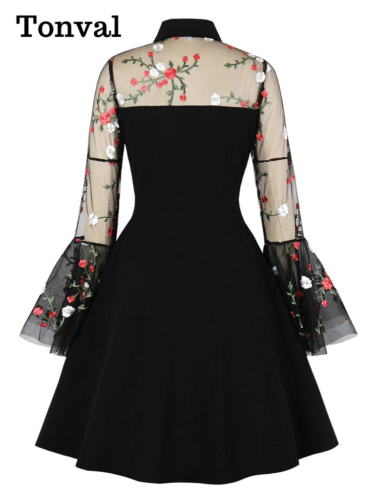 Tonval Floral Embroidered Mesh Long Sleeve Elegant Party Dress Vintage Women Turn-Down Collar Keyhole Black A-Line Mini Dresses