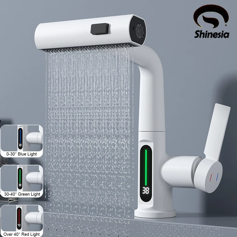 Shinesia rubinetto per lavabo a pioggia Smart LCD Display digitale miscelatore per lavabo da bagno estraibile rubinetto nero/bianco 3 modalità Spray