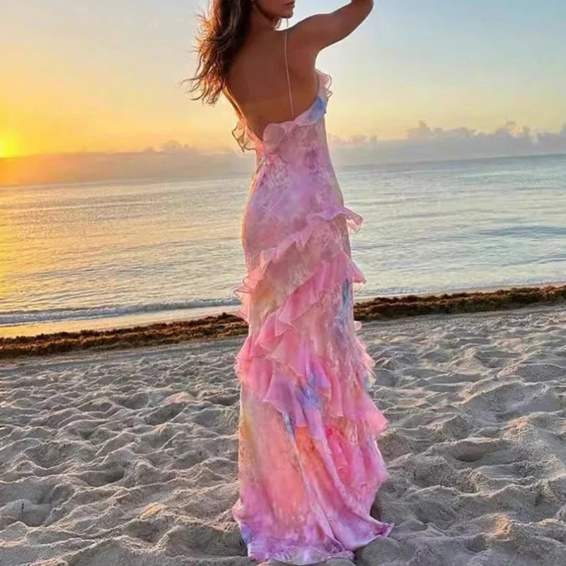 BWQ Sexy scollo a V colorato volant Sling Dress donna primavera backless Boho abito lungo estivo senza maniche Beach Holiday Dress Vestidos