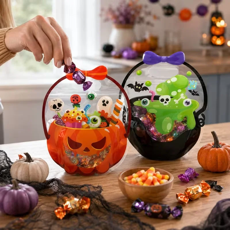 1 Piece Orange Pumpkin, Green Pot Pattern Gift Packaging Bag, Halloween Party Decoration, Halloween Party Supplies, Horror Theme Party Decoration, Halloween Themed Gift Candy Cookie Packaging Gift Bag, Children's Kindergarten Pumpkin Halloween Candy Tote Bag