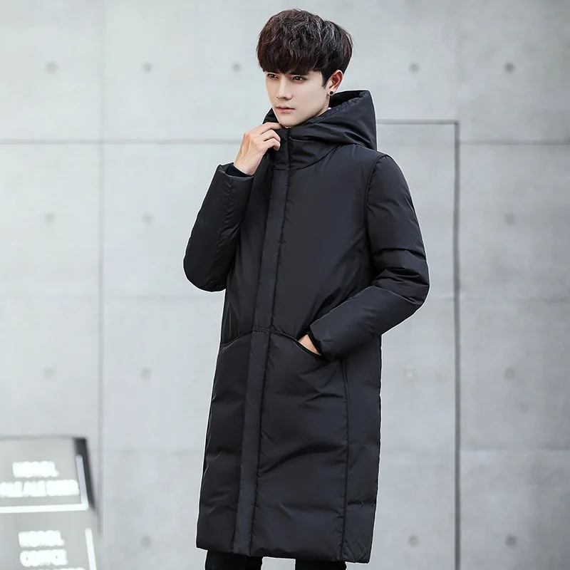 Men Down Jacket Long Coat Thicken Warm Hooded Puffer Jacket Simple Casual Trendy Youth Teenager Winter Clothes Outerwear Parka