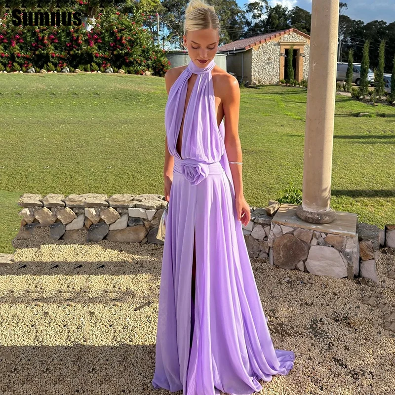 Sumnus Simple Lavender A-Line Prom Dresses Halter Cut-out Side Slit 3D Floral Maxi Evening Dresses vestido gala Customized