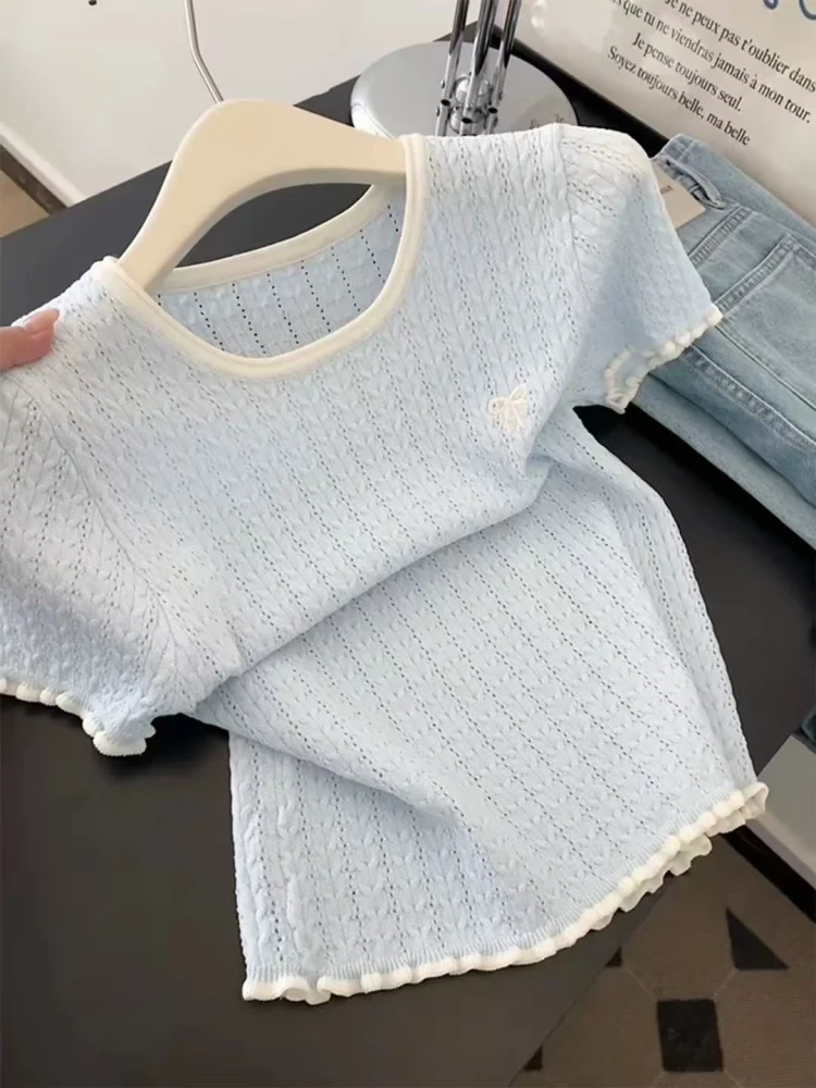 Korean Style Blue Bow Knot U-Neck Short Sleeve Women's T-Shirt Sweet Knitted  Summer Top Shoulder Level Design