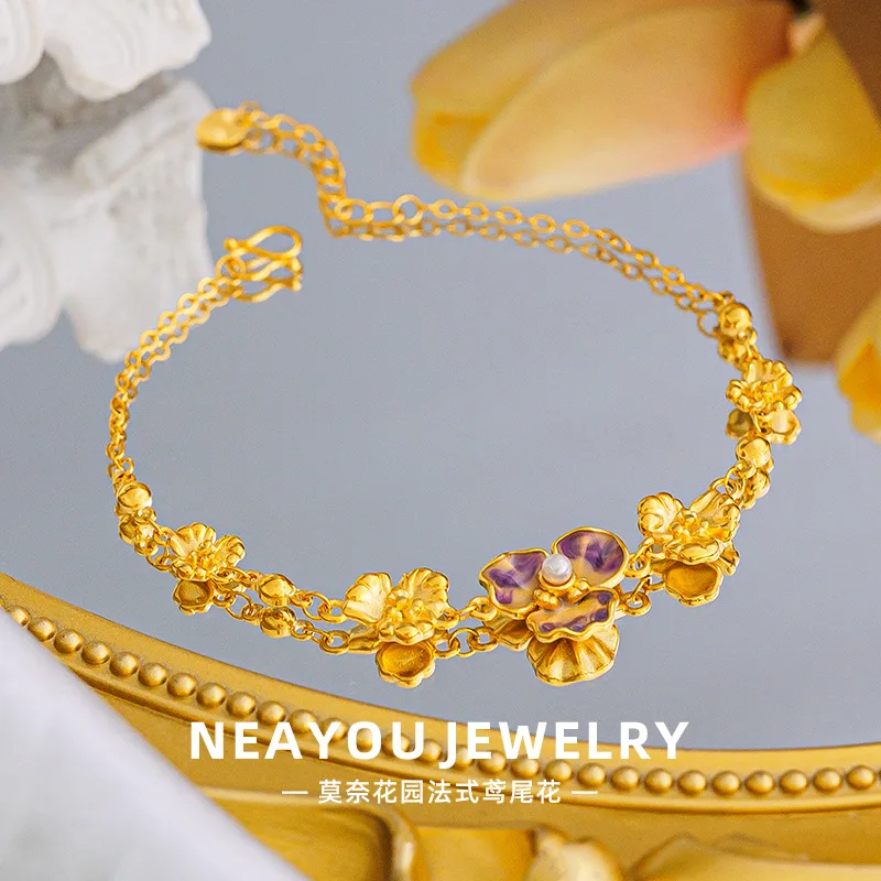 9999 24K real gold Monet Garden Enamel Iris Bracelet French Flower Women's Bracelet