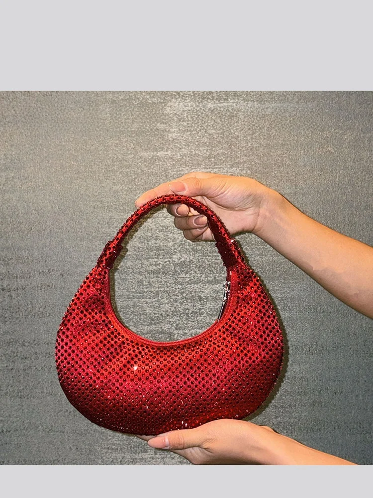 

UGALS Retro Water Diamond Moon Dumpling Tot Handbag Shiny Fashionable Versatile Evening Bag Crossbody Bag Tote Bag
