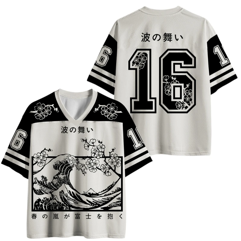 Japanese Style Trendy Harajuku Style Printed V-neck Jersey Adults/kids Fashion Casual Y2k Mesh Breathable Quick Drying T-shirt