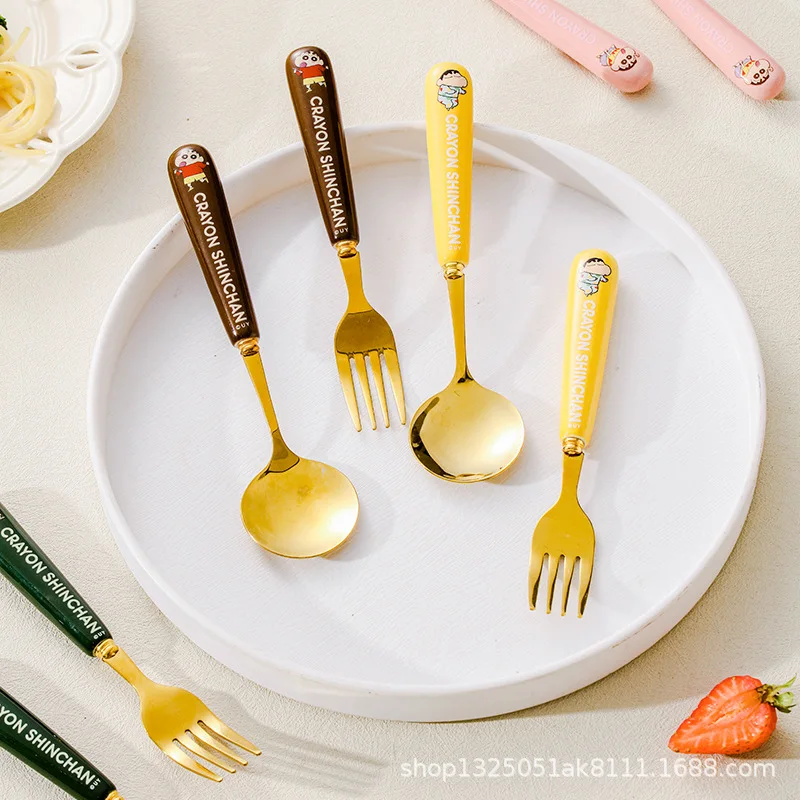 Cartoon Anime Crayon Shin-chan Ceramic Handle Stainless Steel Spoon Spoon Fork Rice Tableware Fork Spoon Fruit