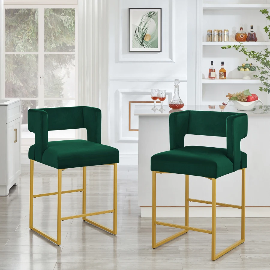 Modern Fashion Counter Height Bar Stools with Unique Square Open Backrest, Set of 2 Versatile Bar Chairs with Sturdy Iron Legs,