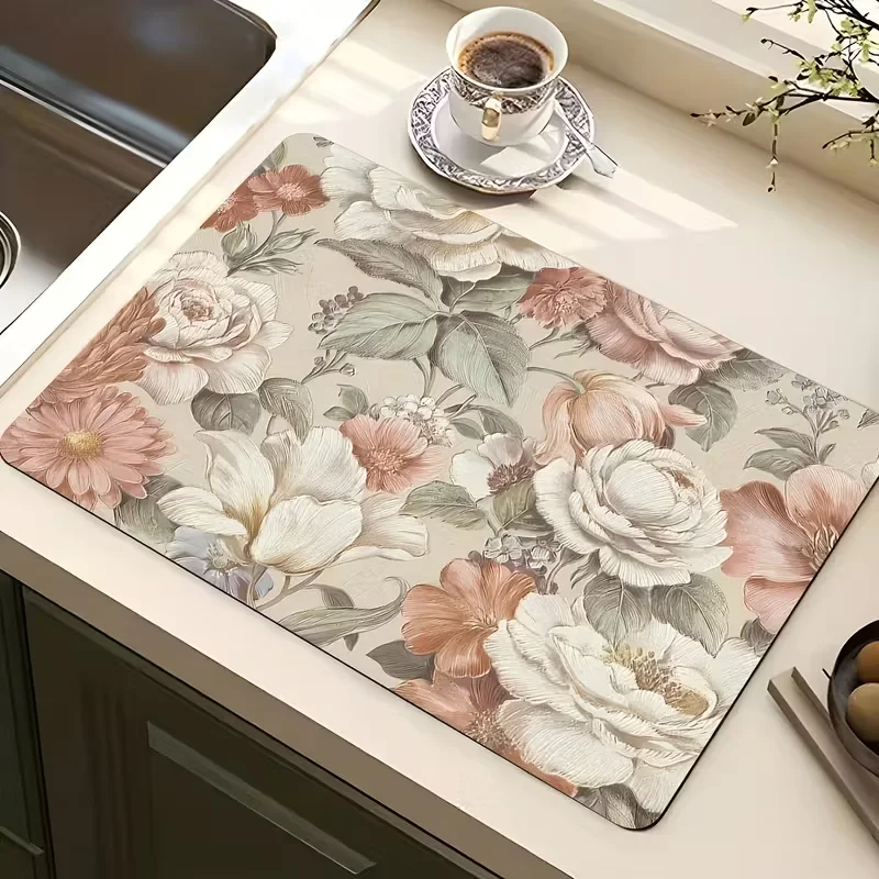 Retro-Blumenmuster Kieselgur-Abtropfmatte Küchen-Untersetzer Wasserbecher-Trockenmatte Kaffee-Esstisch Haushaltsgegenstände