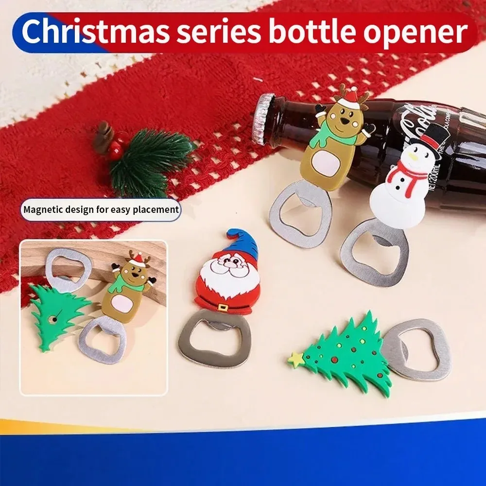 Portable Christmas Beer Opener Magnetic Stainless Steel Cartoon Santa Cap Opener Fridge Magnet Home Party Bar Decor