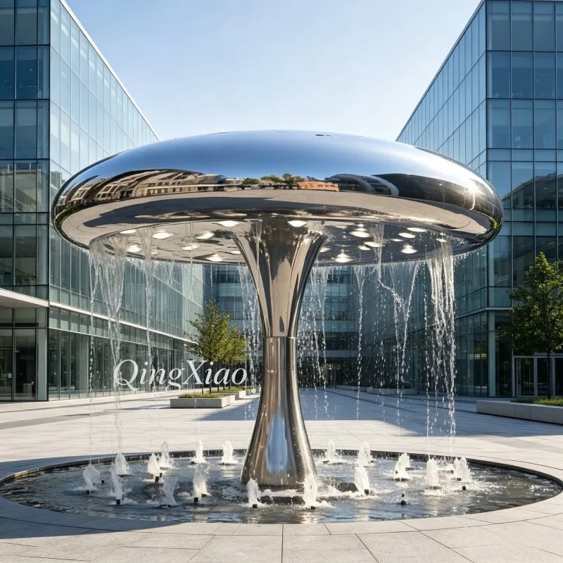 Welded Stainless Steel Mushroom Fountain Sculpture Mirror Polished Water Curtain Feature Custom For Indoor Outdoor Hotel Garden