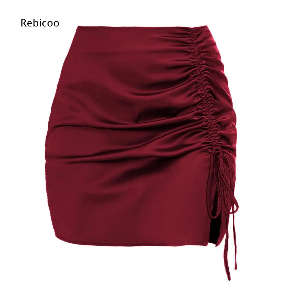High Waist Satin Short Skirt Ladies Side Drawstring Ruched Texture Slit Hem Bodycon Mini Skirt For Dating And Club Looks