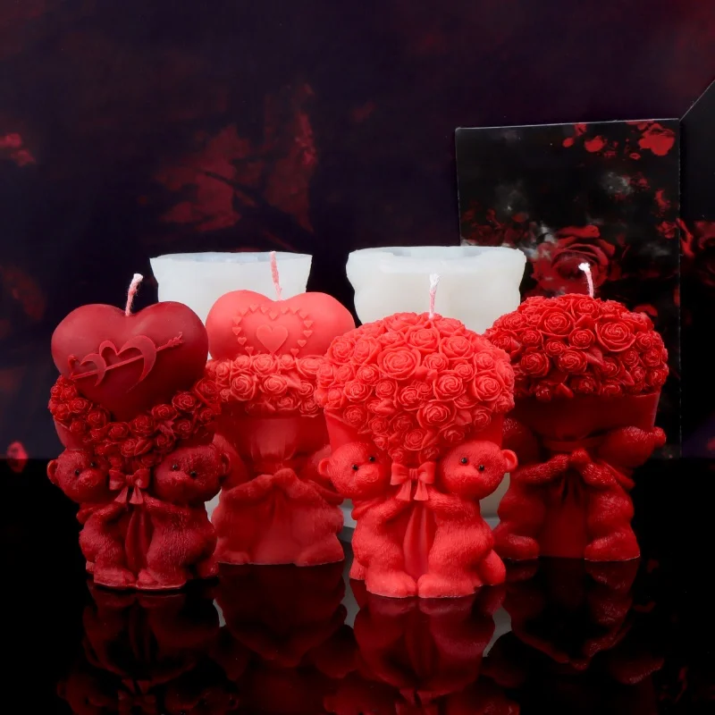 3D Bär Halten Rose Bouquet Silikon Form DIY Aroma Werkzeuge Paar Bär Halten Herz Handgemachte Geschenk Seife Kerze Valentinstag Dekor