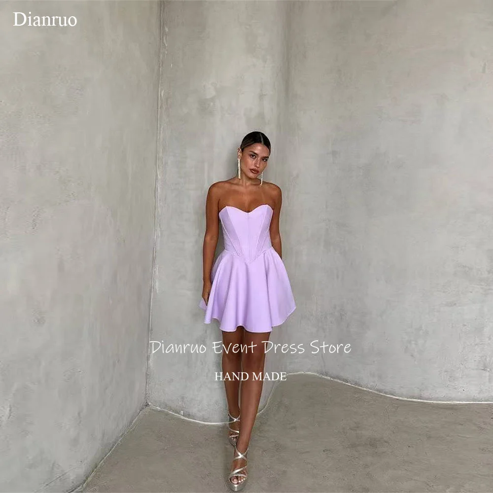 

Dianruo Lilac Satin Prom Dresses Sweetheart Above Knee A Line Prom Gowns 2025 Backless Formal Ruffles Evening Gowns Customized