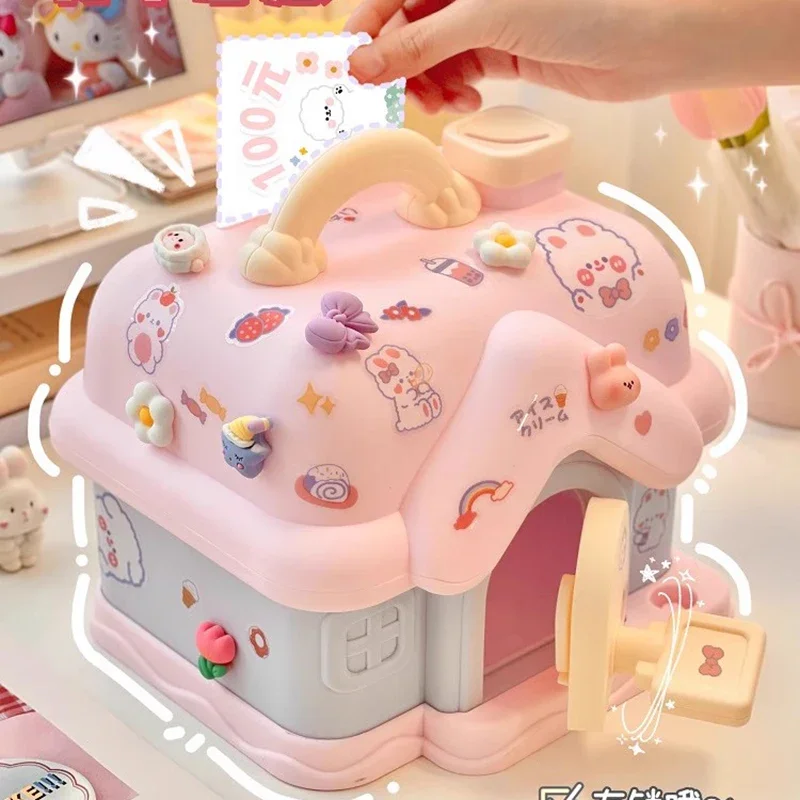 Cute House Shape Money Bank with Key Lock Cute Saving Box for Girls Birthday Gift Ideal for Kids Room Desktop Decor Piggy Bank