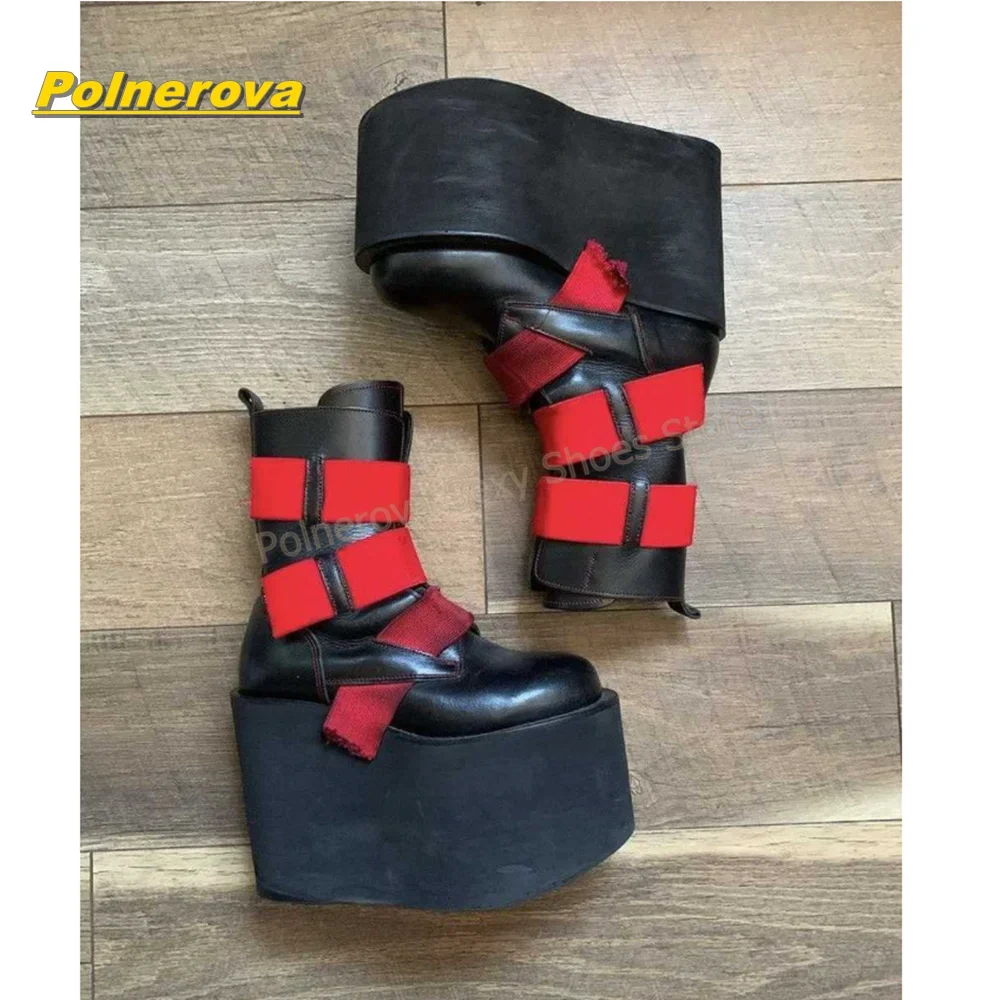 Gothic Punk Black Red Strappy Boots Platform Wedge Mixes Color Height Increase Fashion Street Style Y2K Mid Calf Boots 2026 New