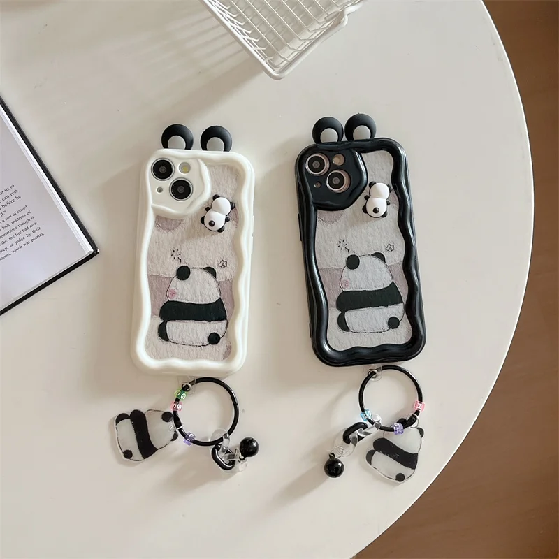 Korean Cute 3D Eyed Panda Phone Case Suitable For iPhone 15 14 13 12 11 Pro Max X XR 6 7 8 Kawaii Animal Soft Shock Case