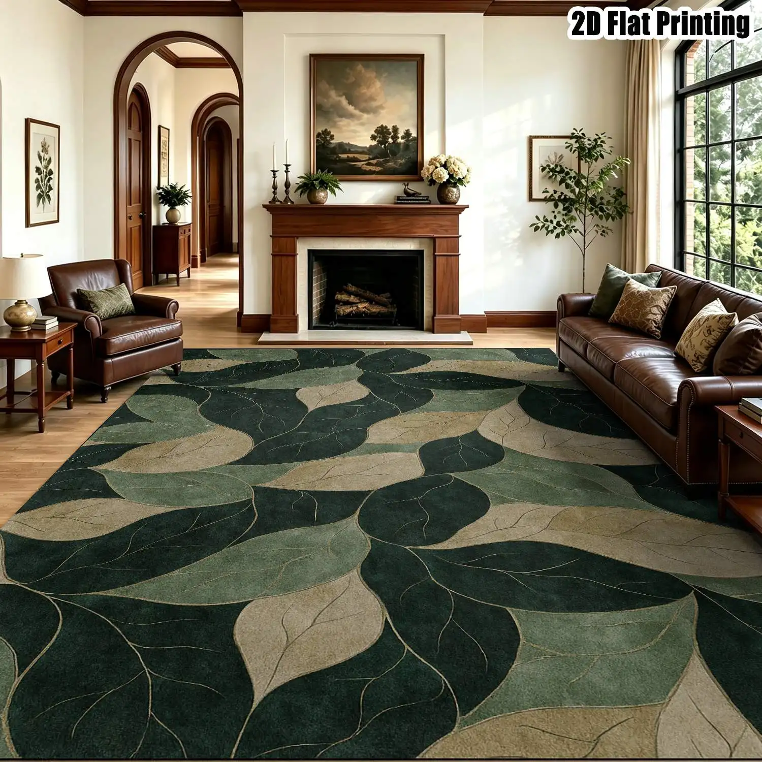 1Pc 2D Printed Carpet: Dark Green & Light Yellow Leaf Pattern, Nordic/Instagram/Modern Minimalist/Vintage Geometric Leaf Style Home Decor, Multi-Size, Machine Washable, for Entryway, Dining Room, Foyer, Bedroom, Living Room.