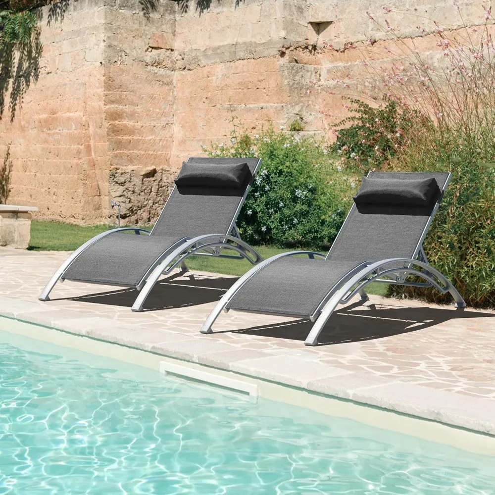 Pool Lounge Chairs Set of 2, Aluminum Adjustable Outdoor Chaise Lounge, All Weather Poolside Chairs for Deck, Customized