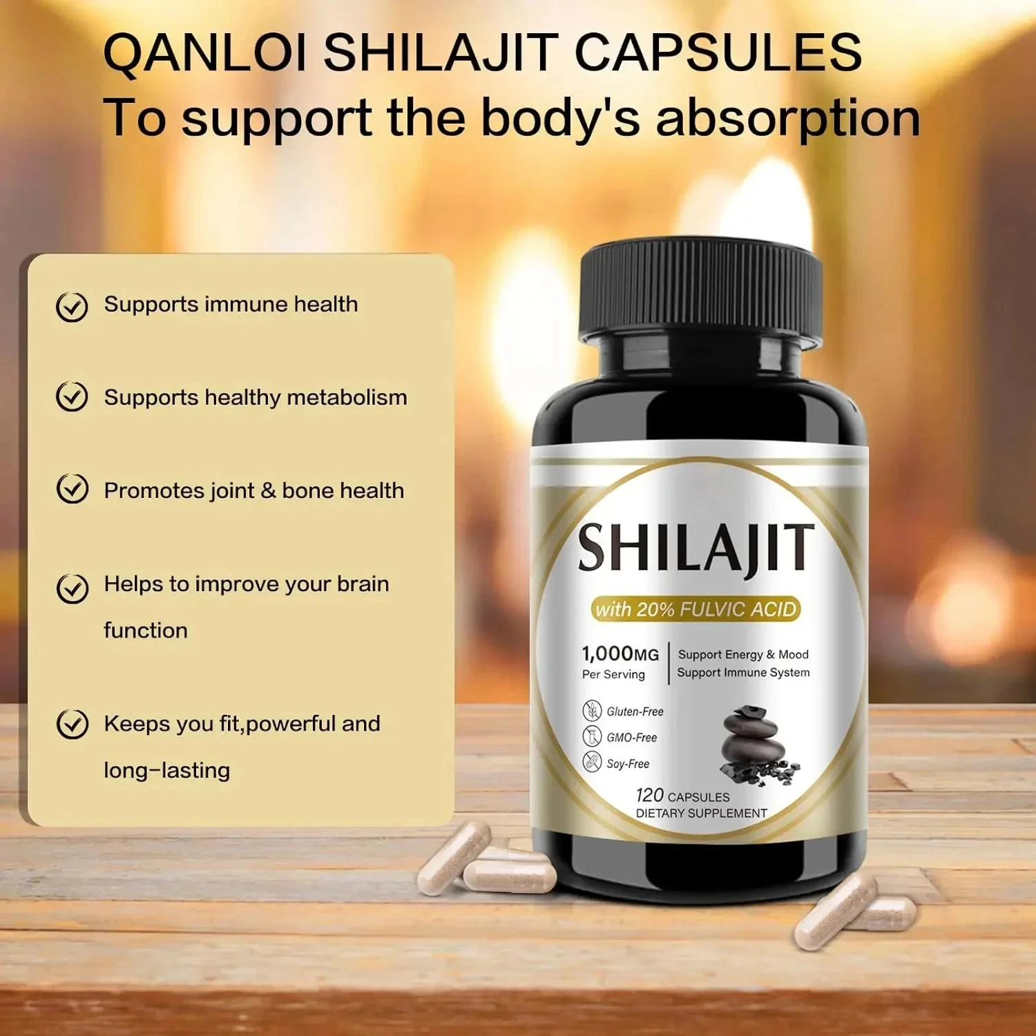 100% organic SHILAJIT capsules enhance strength, energy, endurance, support endurance, immunity, promote brain cognition