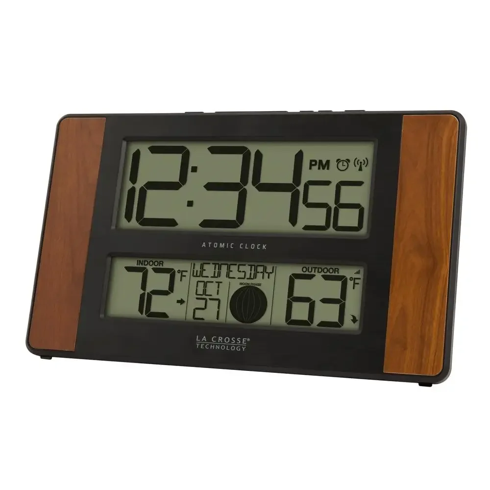 Atomic Digital Clock with Indoor/Outdoor Temperature Moon Phase Calendar Display Stylish Modern Design Alarm Snooze Temperature