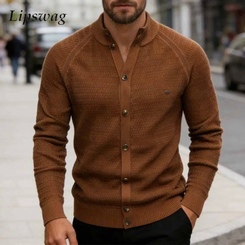 

Винтажные текстурированные однотонные вязаные кардиганы для мужчин, весенние повседневные свитера с длинным рукавом на пуговицах, стильные приталенные свитера с круглым вырезом