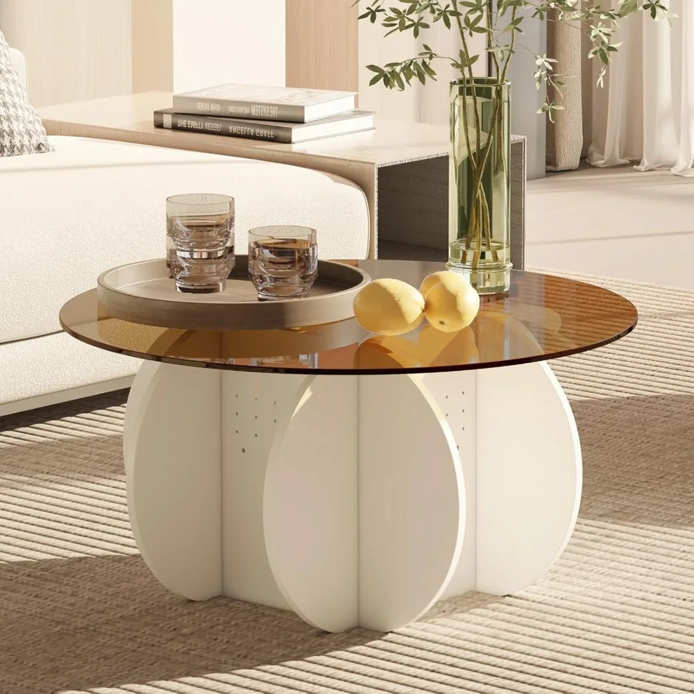 Circular Coffee Table with Glass Countertop, Central Table with Storage Space, 32 Inch White and Brown Glass Coffee Table