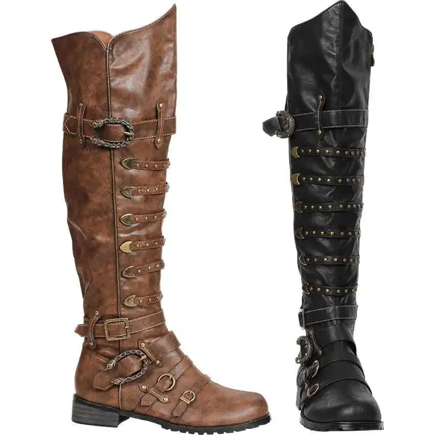 

Men Knee High Steampunk Pirate Boots Vintage Gothic Renaissance Cosplay Long Boot Halloween Party Rivet Buckle Shoes Footwear