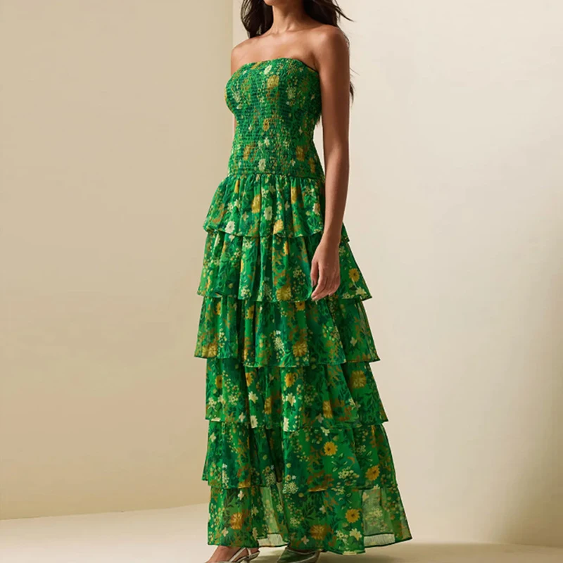 Moda sem alças plissado impresso vestido longo verde cintura alta em camadas bolo vestido elegante feminino oco sem mangas vestido de férias