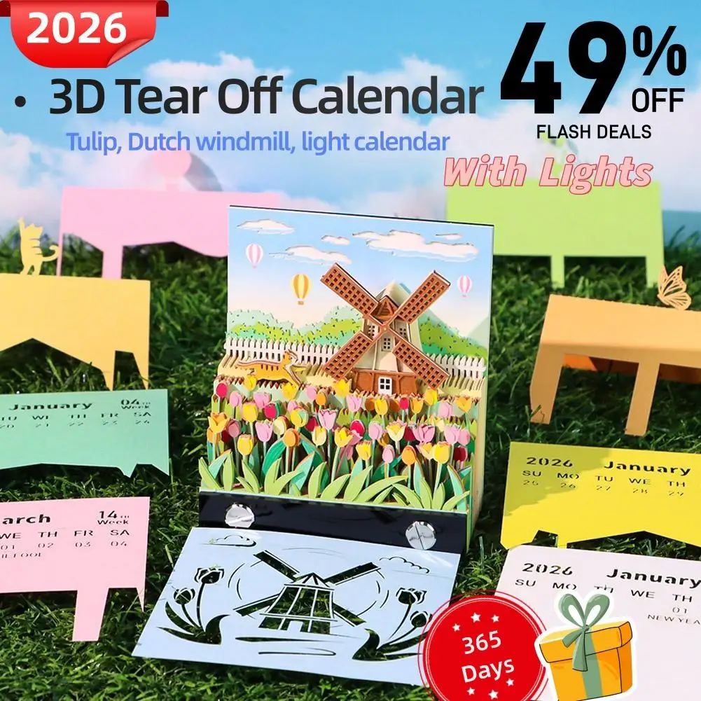 

2026 New Calendar 3D Tearable Table Calendar Tulip Dutch Windmill Calendar Desktop Decoration Memo Creative Gift