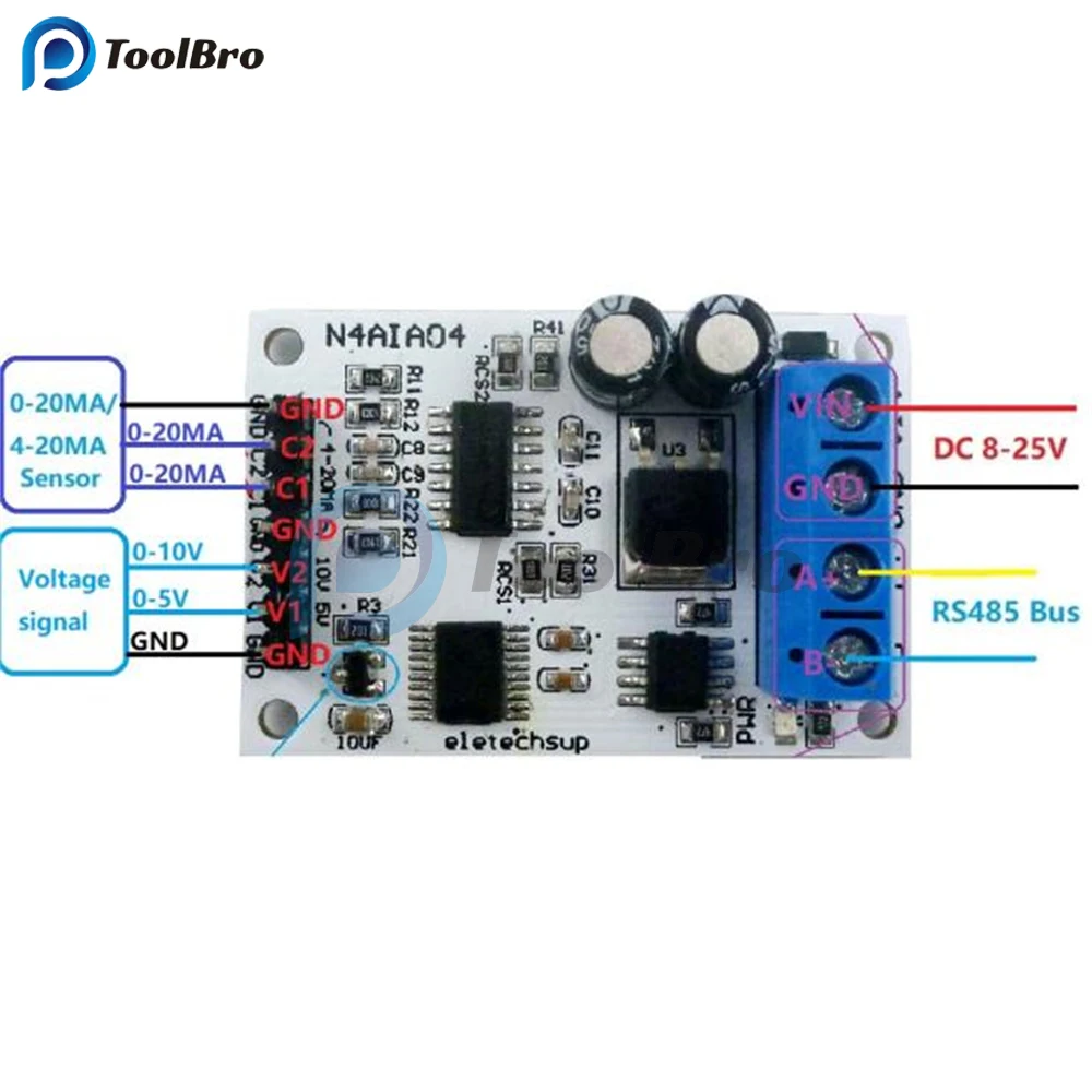 4-20MA RS485 Voltage Current Analog Collector ADC Modbus RTU 4-Channel N4AIA04 Voltage Current Acquisition Module