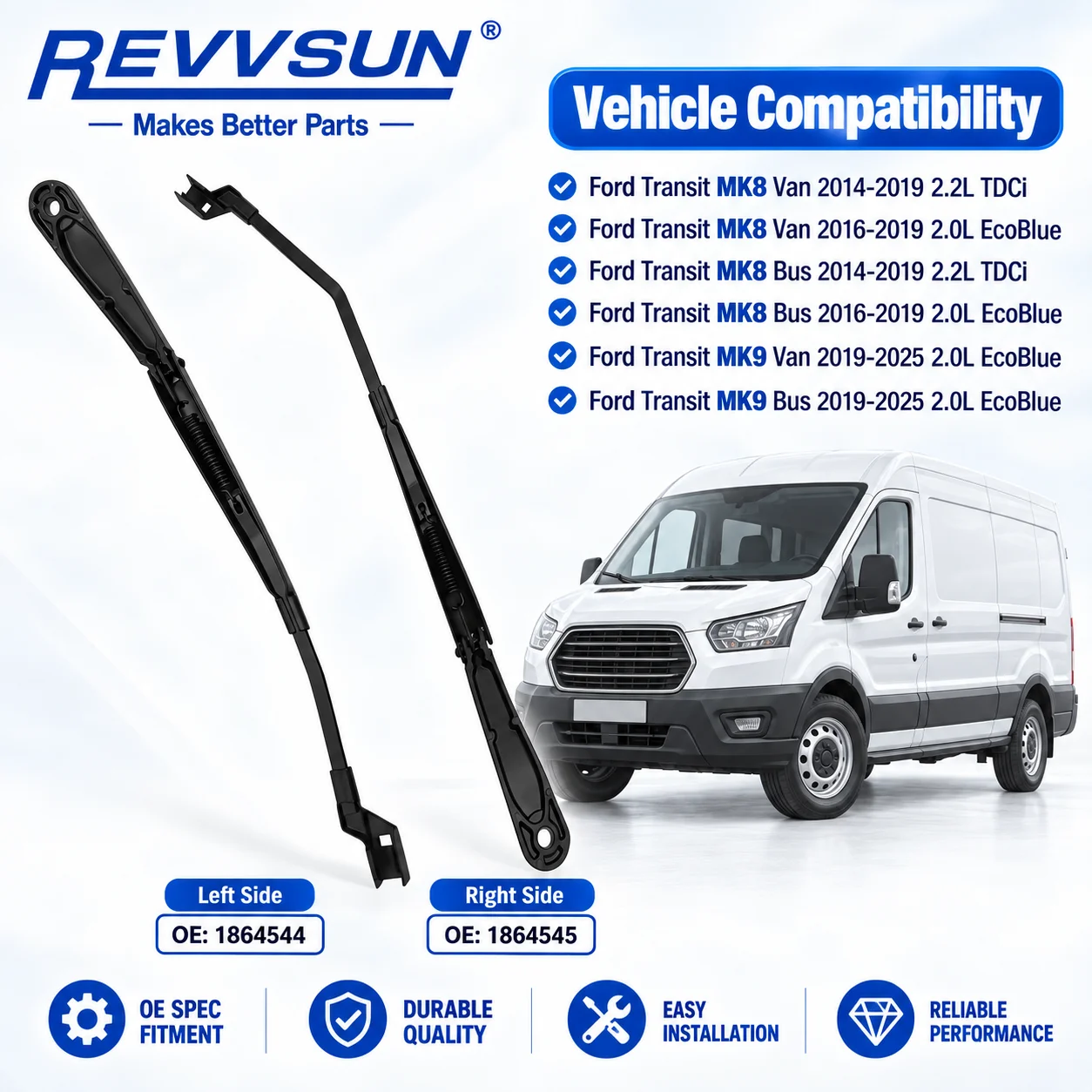Front Windshield Wiper Arm LH RH Pair For Ford Transit MK8 2014-2019 2.2 TDCi MK9 2019-2025 2.0 EcoBlue BK3117526EC BK3117526FD