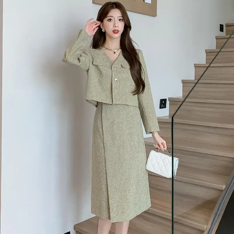 2-piece green women's set short jacket+skirt 2026 new spring and autumn small fragrance style set