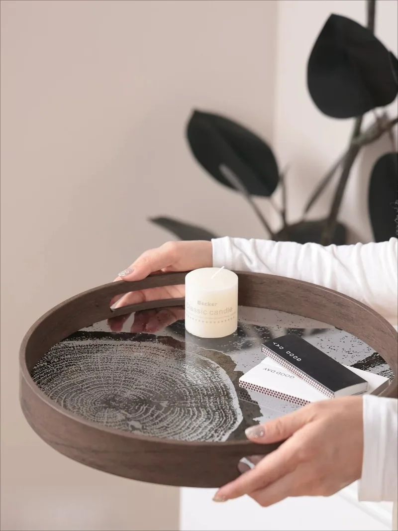 Tray Storage Chinese Aesthetic Light Luxury Style Wood Grain Annual Ring Glass Circular Tea Tray Artistic Ornament