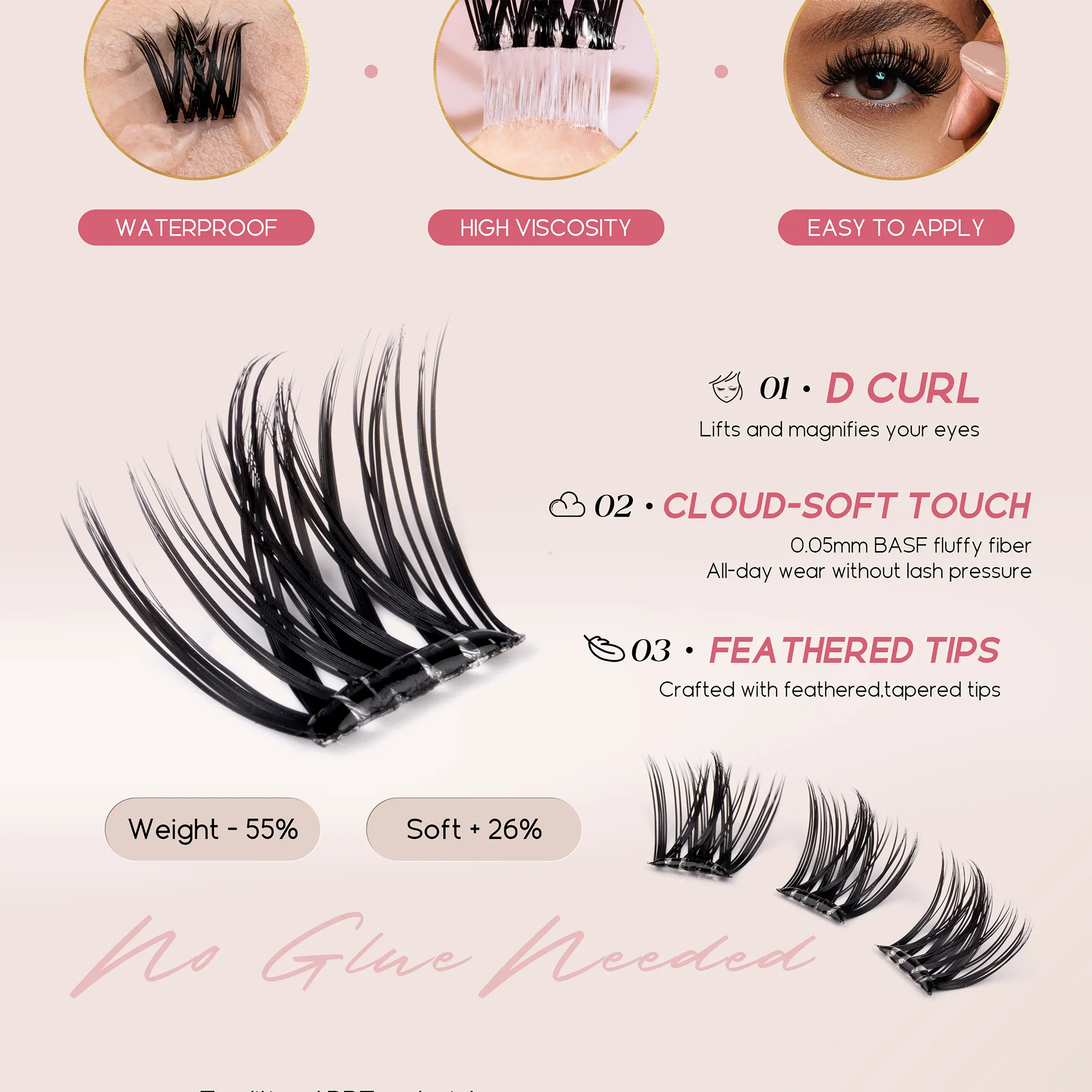 Befer Selbstklebende Wimpernbüschel, transparent, vorgeklebt, 150 Stück, Manga-Natürliches Make-up, flauschige falsche Wimpern, Lieferant – Detail 3