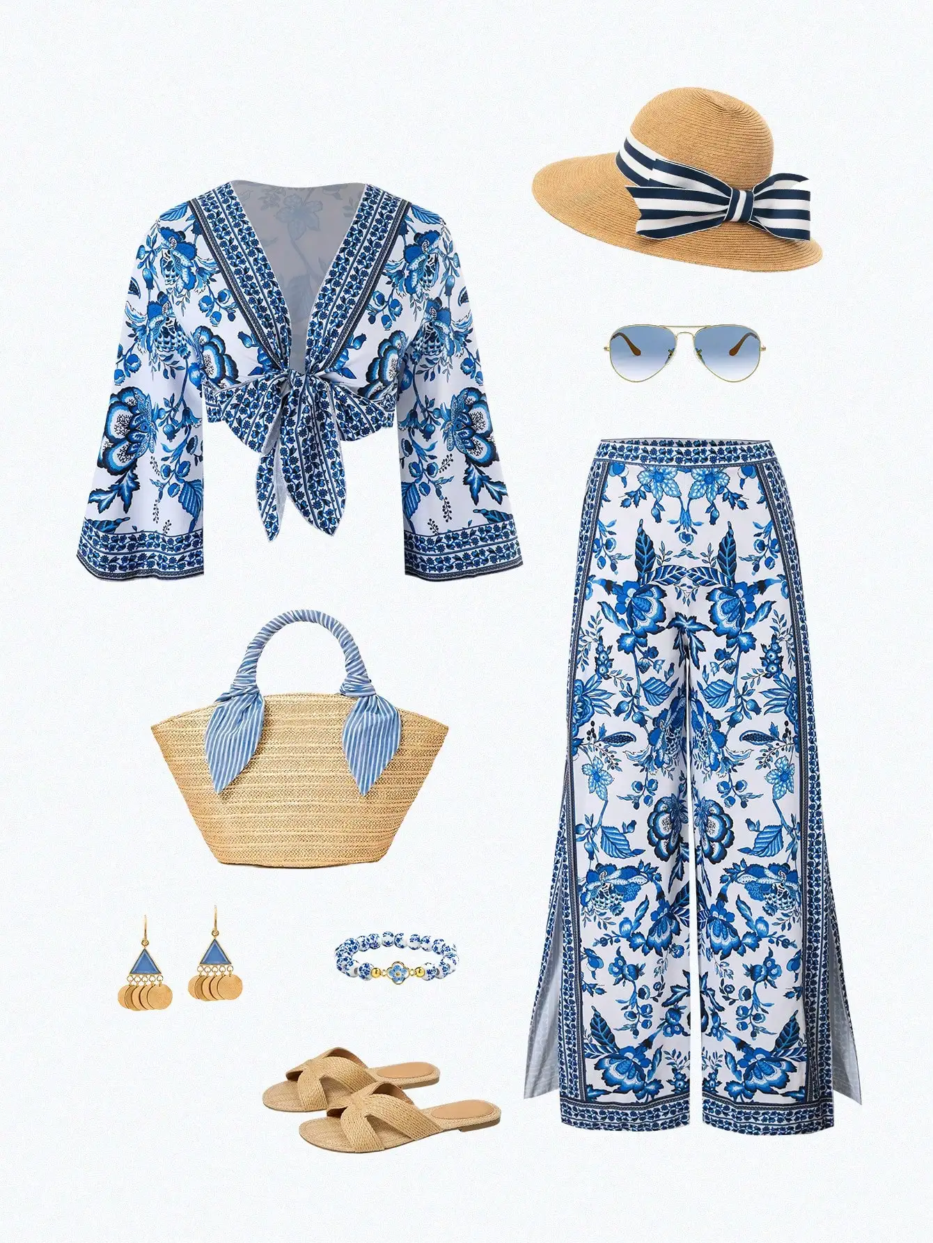 

Floral Blue Tie-Front Wrap Top With High-Slit Wide Leg Palazzo Pants Two-Piece Summer Beach Outfit Set