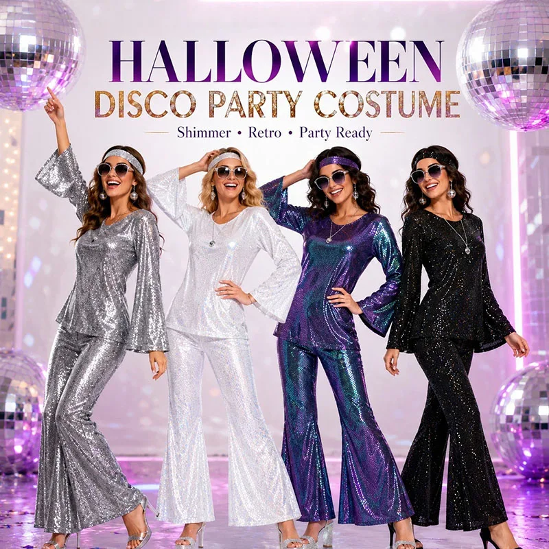 2026 New Women Halloween Disco Party 70s Women's Disco Costume Set Top Pants Sunglasses Necklace Earrings Wig Cosplay Dress Up view 6