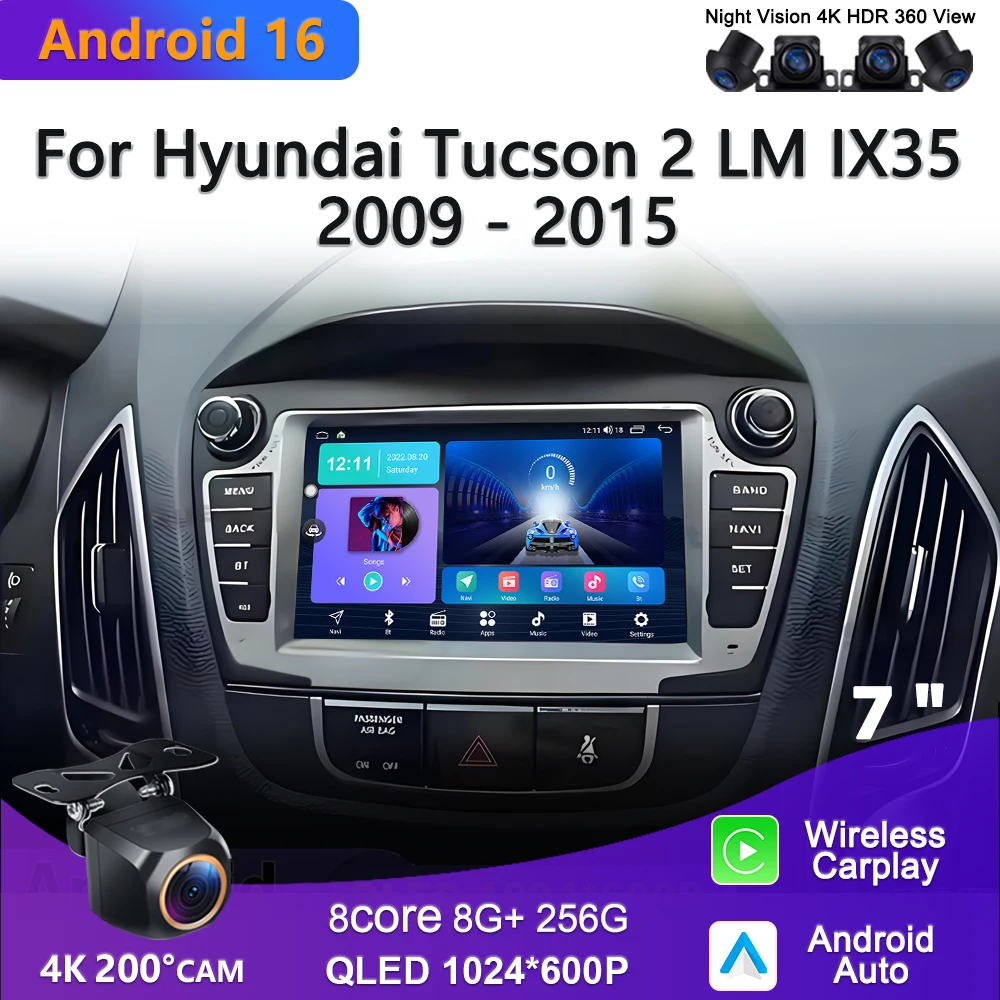 2K Incell Screen Android 16 CarPlay Car Radio For Hyundai Tucson 2 LM IX35 2009-2015 Multimedia Dash Cam Player Screen Dash Cam