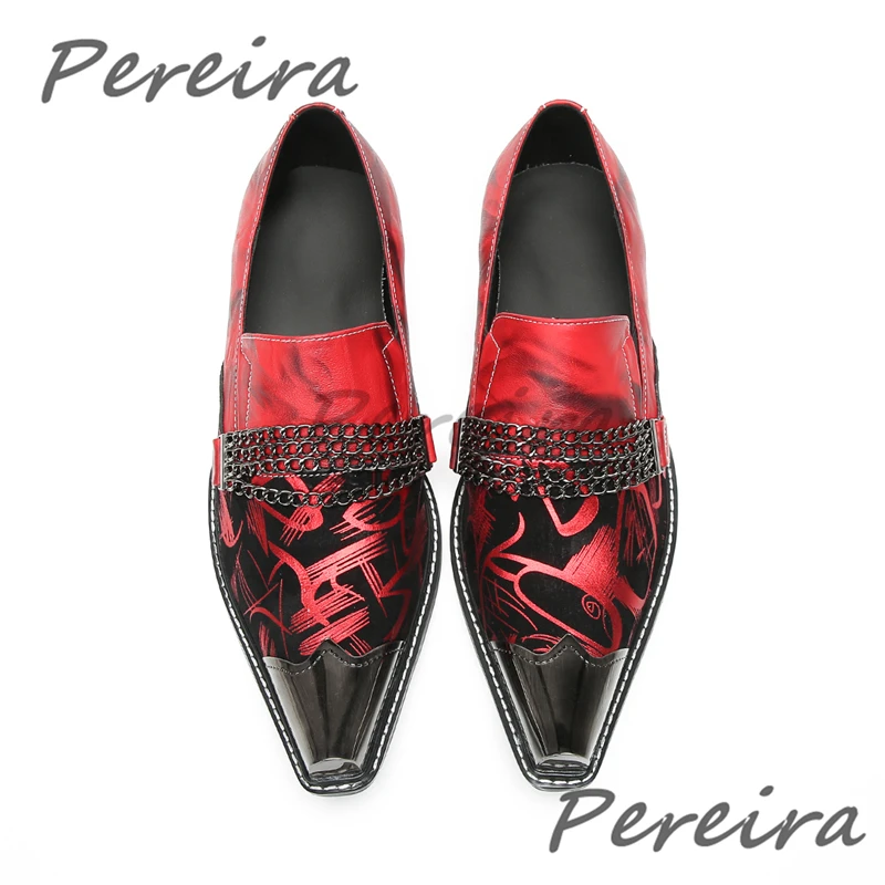 Iron Pointed Toe Metal Chain Men's Loafers Red Mixed Colors Genuine Leather Shallow Casual Business Shoes Summer Party Shoes