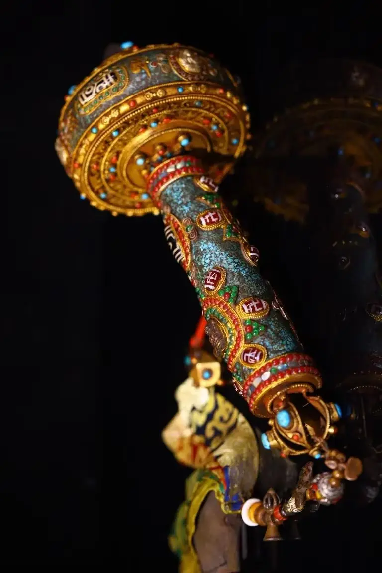 

14"Xizang Folk Collection Old Tibetan Silver Filigree Mosaic Gem Crystal Shell Old Scriptures Prayer Wheel Worship Hall