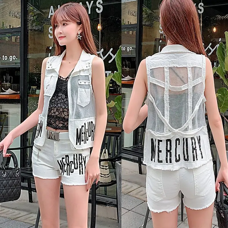Summer Women's Denim Shorts Suit Women Letter Printing Hollow Out Denim Vest Waistcoat Jeans Shorts 2025 Lady Sets White Black