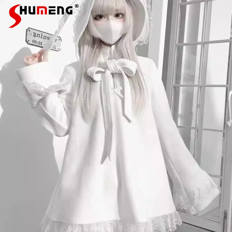 

Autumn Winter New Lace Hoodies Jacket Original Subculture Soft Girl Cartoon Rabbit Ear Hooded Sweatshirt Loose Top For Ladies