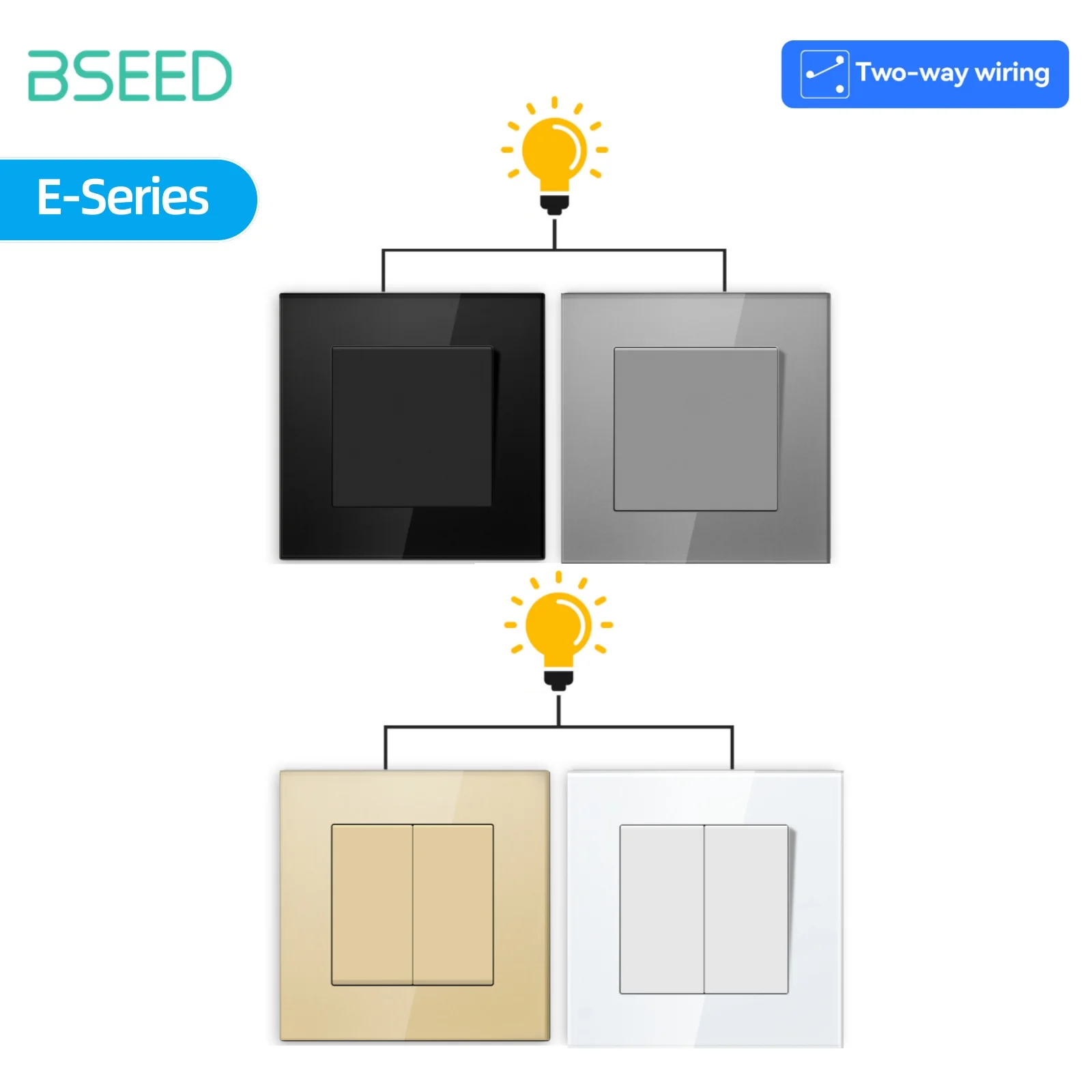 BSEED série E 1 bouton mécanique 2 voies interrupteur de lumière cadre en verre interrupteur d'éclairage mural marche/arrêt pour escaliers couloir couloir