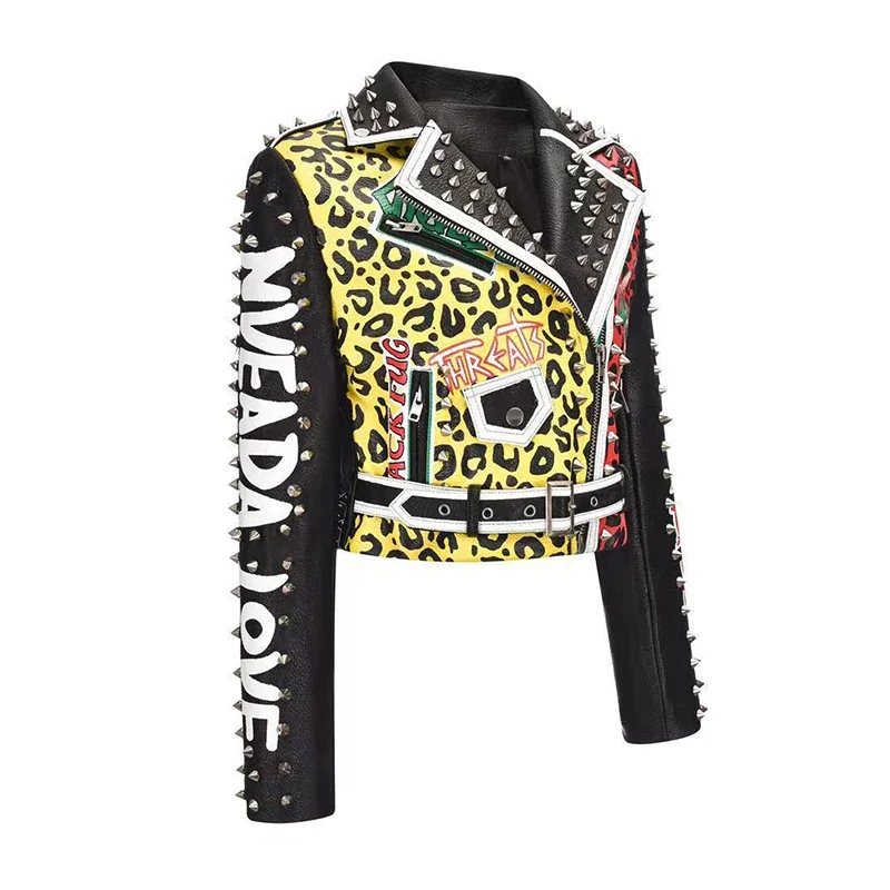 Streetwear Contrast Leopard Print Leather Jacket Women 2024 New Slim Zipper Short Punk Studded Faux Leather Motorcycle Jacket