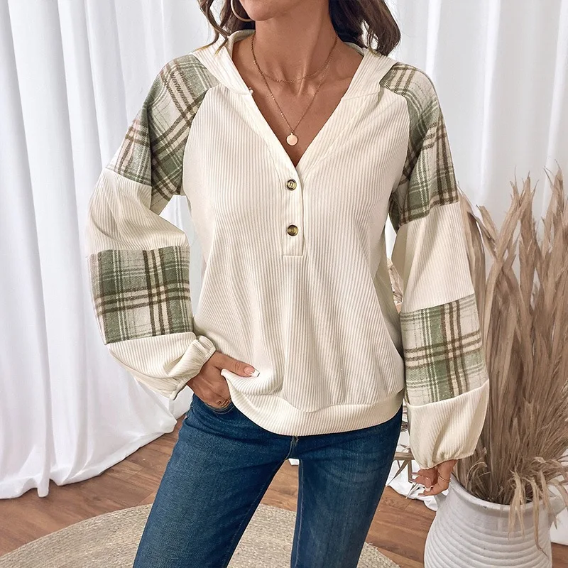 Women Hooded Sweatshirt Plaid Splicing Long Sleeve V Neck Button Pullover Lazy Texture Casual Top